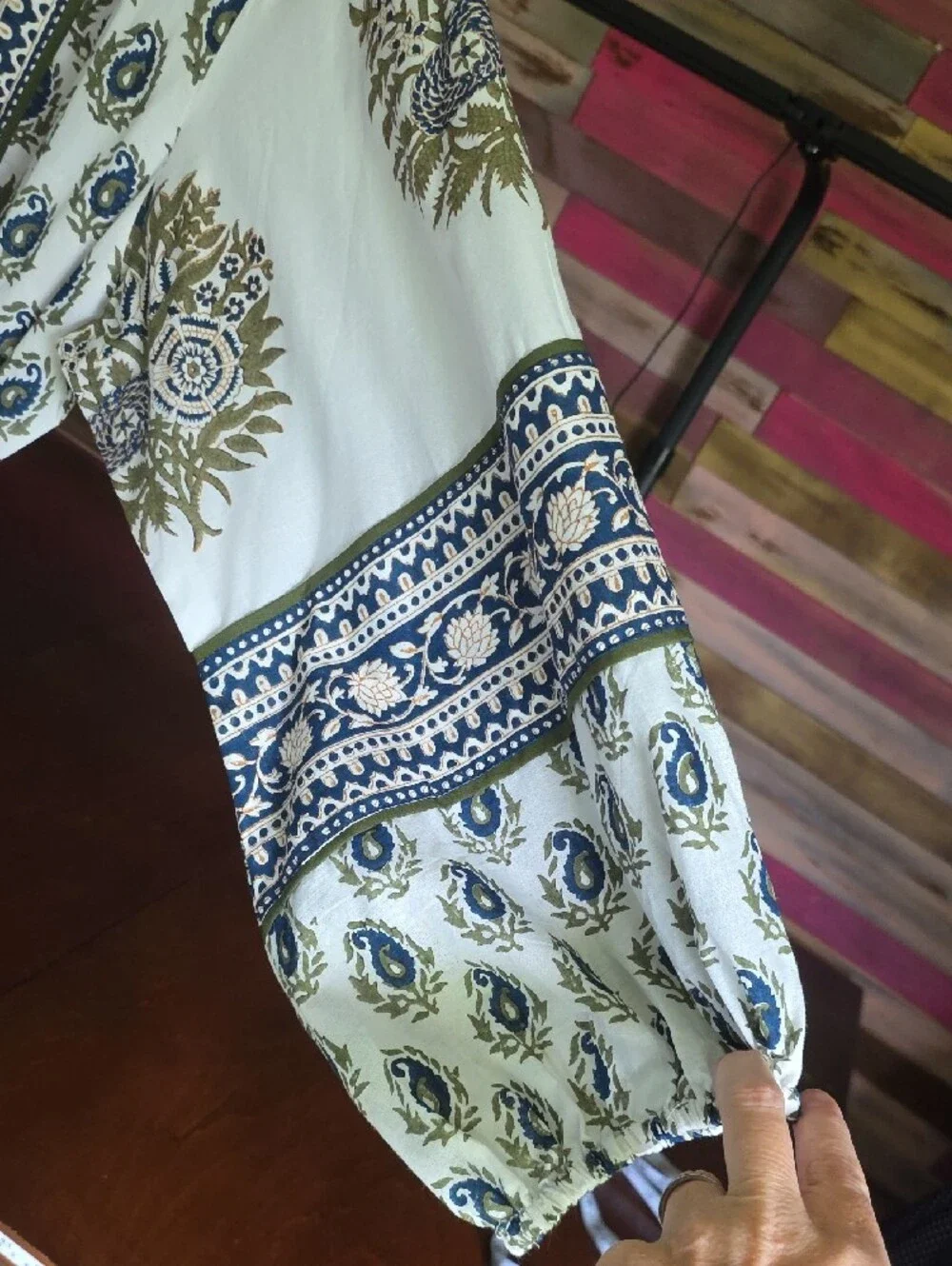 Long Sleeve Printed Tie-Waist Maxi Dress in Cream and Navy - Picture 3 of 7
